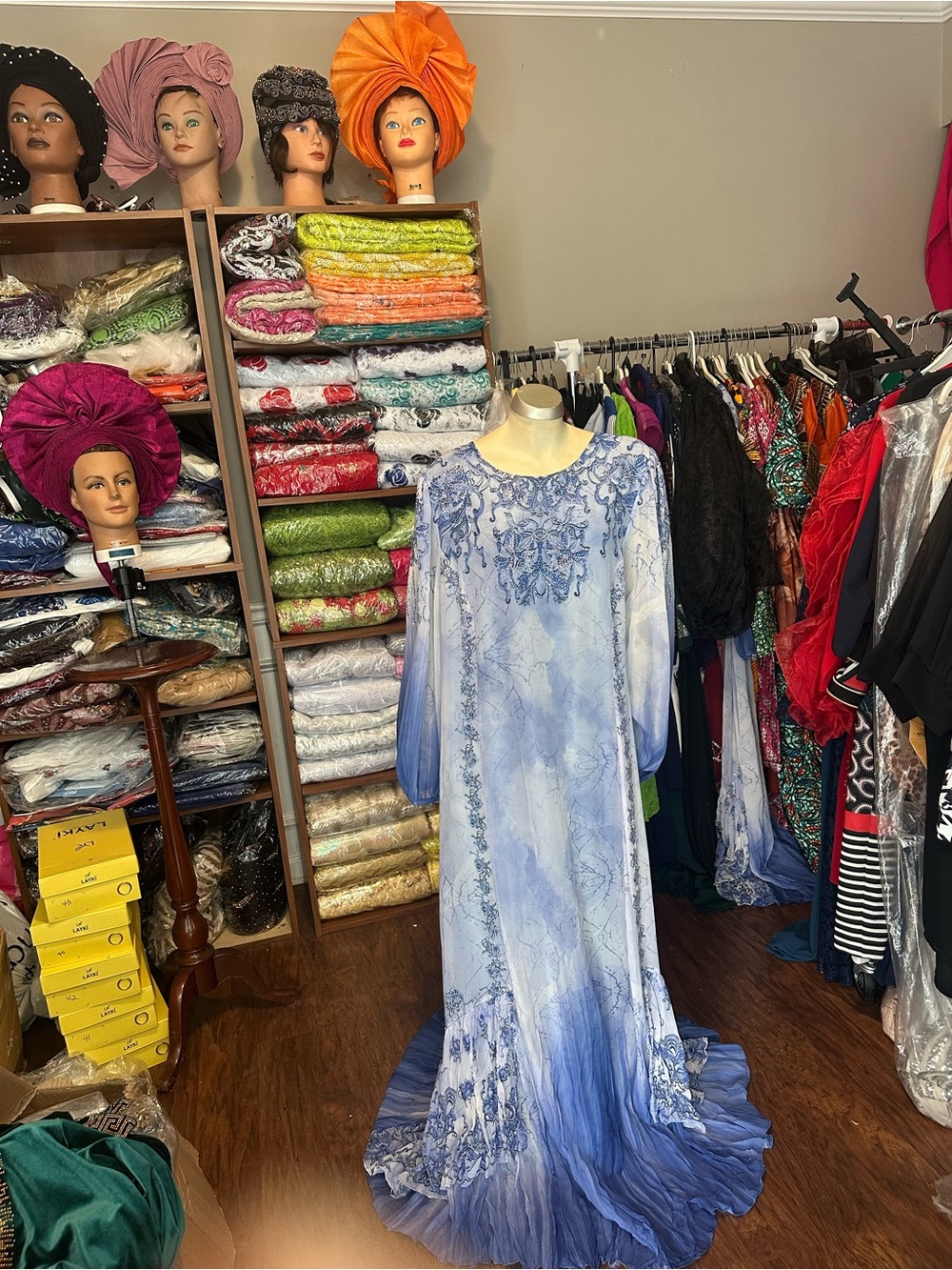 Sky Blue Ombre Embroidered Maxi Dress
